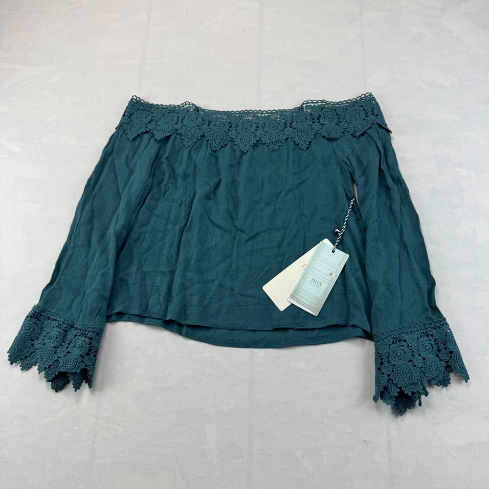 NWT Iris Los Angeles S Blouse Top Womens Green Off Shoulder Crochet Lace Trim